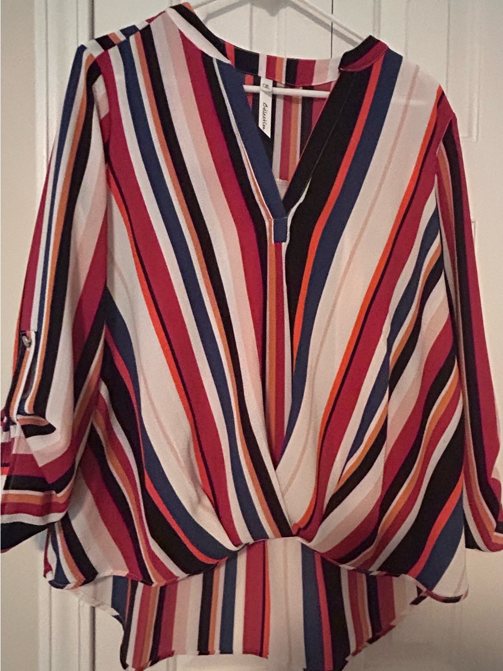 NY Collection Multi-Stripe V-Neck Twist Front Blouse